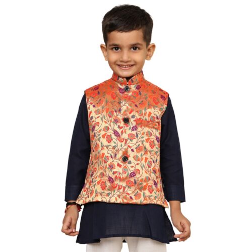 Kanira Jr Paithani Jacket for Boys Small peacock Red