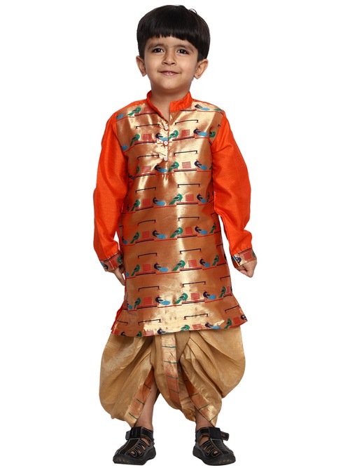 Kanira Jr Don orange Chickoo Paithani dhoti kurta for boys