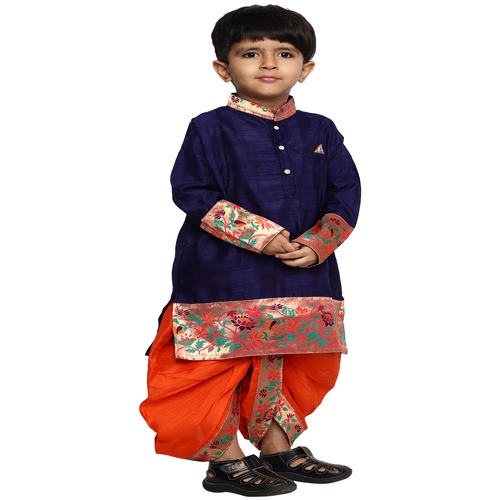 Kanira Jr chinu NavyBlue orange Boys Paithani dhoti kurta