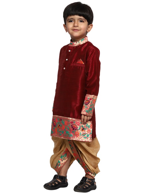 Kanira Jr chinu maroon chikoo Boys Paithani dhoti kurta