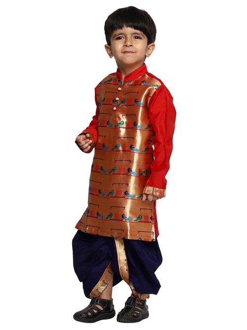 Kanira Jr Don Red Navyblue Paithani dhoti kurta for boys
