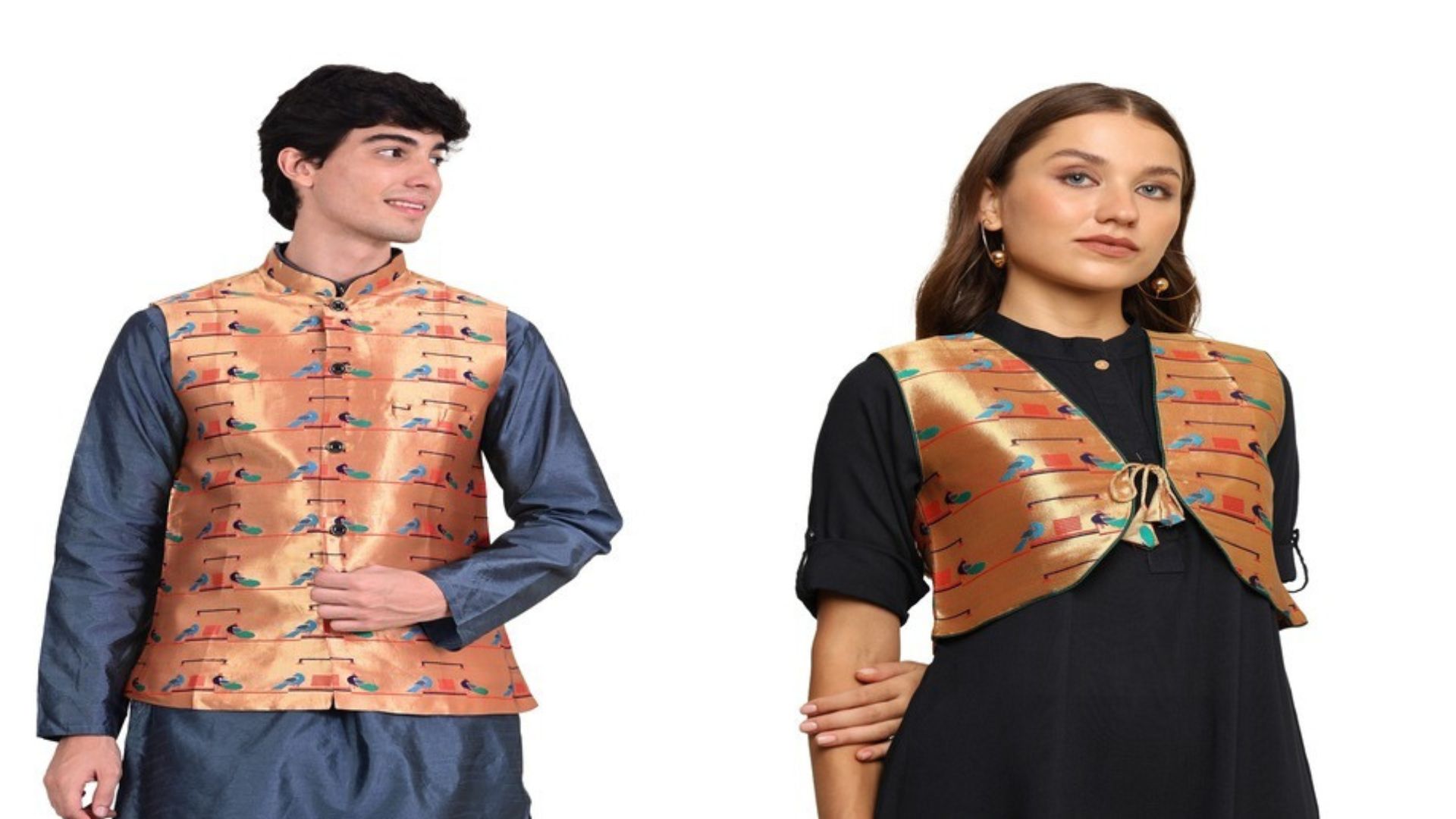 Kanira Paithani Jacket for Men – Double Peacock & Kanira Paithani Jacket for Women – Double Peacock