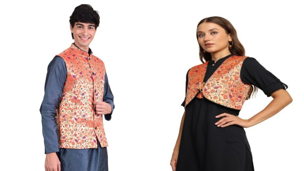 Kanira Paithani Jacket for Men – Small Peacock & Kanira Paithani Jacket for Women – Small Peacock