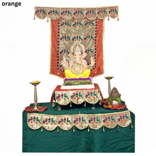 Orange Paithani Ganpati Backdrop with Parrot and Peacock Motifs