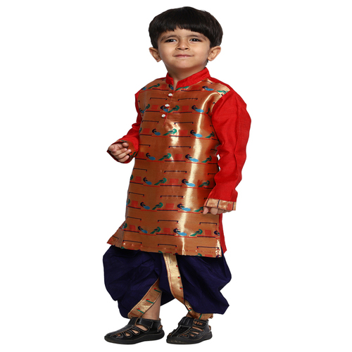 Kanira Jr Don Red Navyblue Paithani dhoti kurta for boys
