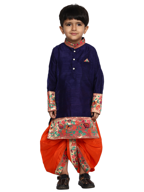 Kanira Jr chinu NavyBlue orange Boys Paithani dhoti kurta