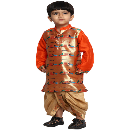 Kanira Jr Don orange Chickoo Paithani dhoti kurta for boys