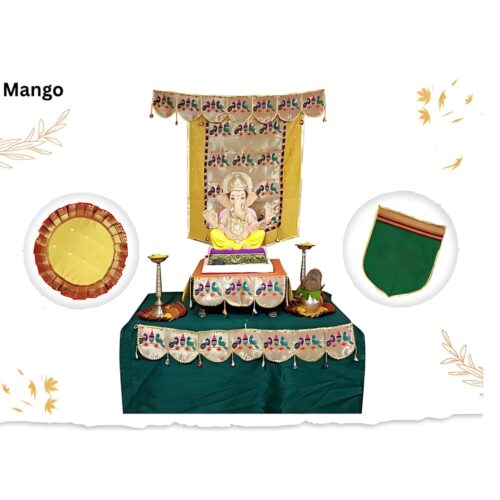 Paithani Parrot-Peacock Ganpati Decoration Combo Set for Ganesh Chaturthi (Mango Theme – 7 Items + Free Samai Asan)