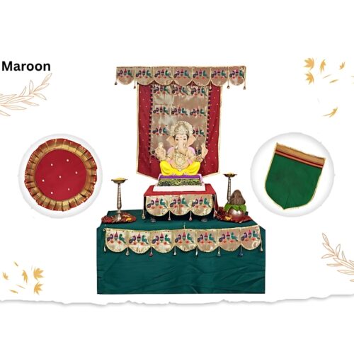 Paithani Parrot-Peacock Ganpati Decoration Combo Set for Ganesh Chaturthi (Maroon Theme – 7 Items + Free Samai Asan)