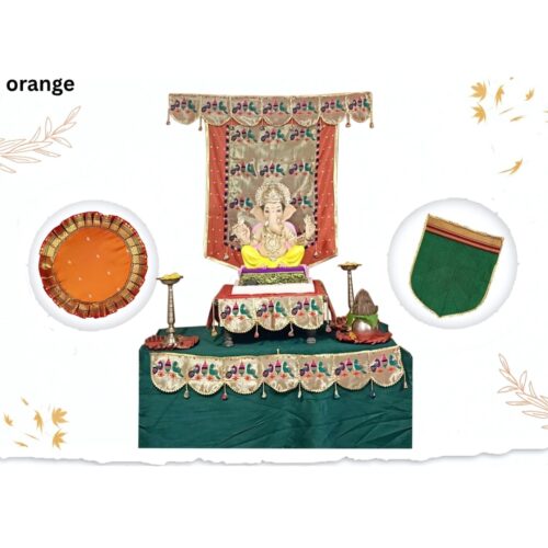 Paithani Parrot-Peacock Ganpati Decoration Combo Set for Ganesh Chaturthi (Orange Theme – 7 Items + Free Samai Asan)