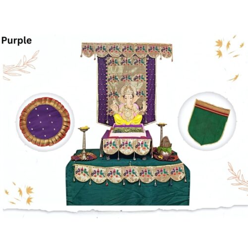 Paithani Parrot-Peacock Ganpati Decoration Combo Set for Ganesh Chaturthi (Purple Theme – 7 Items + Free Samai Asan)