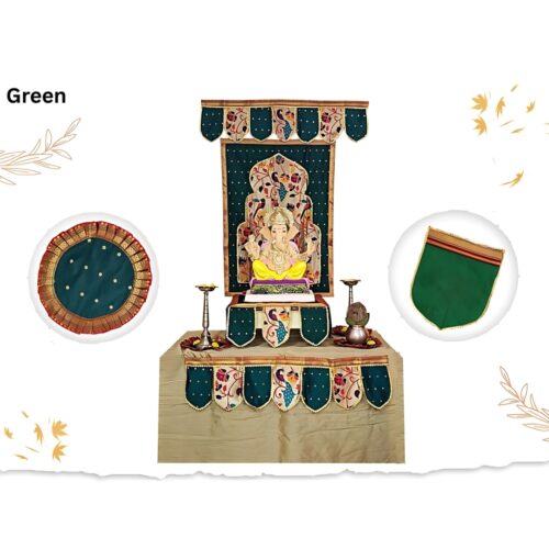 Paithani Temple Decoration Combo Set for Ganesh Chaturthi (Green Theme – 7 Items + Free Samai Asan)
