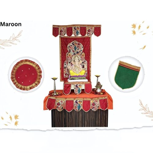 Paithani Temple Decoration Combo Set for Ganesh Chaturthi (Maroon Theme – 7 Items + Free Samai Asan)