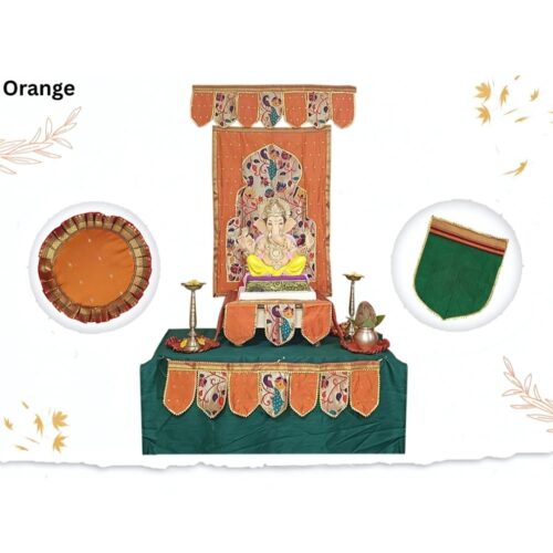 Paithani Temple Decoration Combo Set for Ganesh Chaturthi (Orange Theme – 7 Items + Free Samai Asan)
