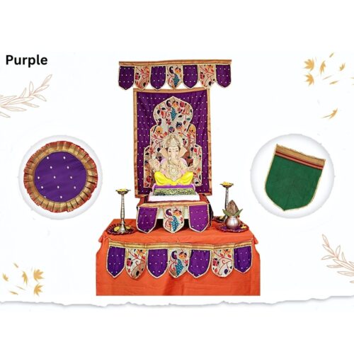 Paithani Temple Decoration Combo Set for Ganesh Chaturthi (Purple Theme – 7 Items + Free Samai Asan)