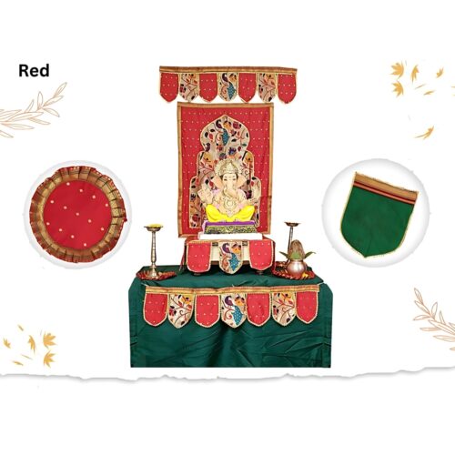 Paithani Temple Decoration Combo Set for Ganesh Chaturthi (Red Theme – 7 Items + Free Samai Asan)