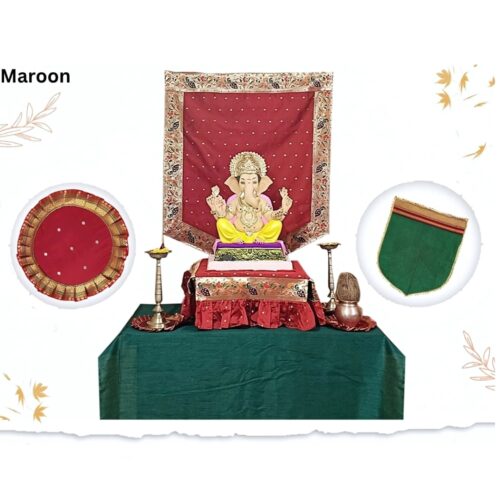 Paithani Side Pattern Temple Decoration Combo Set for Ganesh Chaturthi (Maroon Theme – 5 Items + Free Samai Asan)