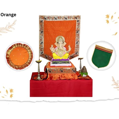 Paithani Side Pattern Temple Decoration Combo Set for Ganesh Chaturthi (Orange Theme – 5 Items + Free Samai Asan)