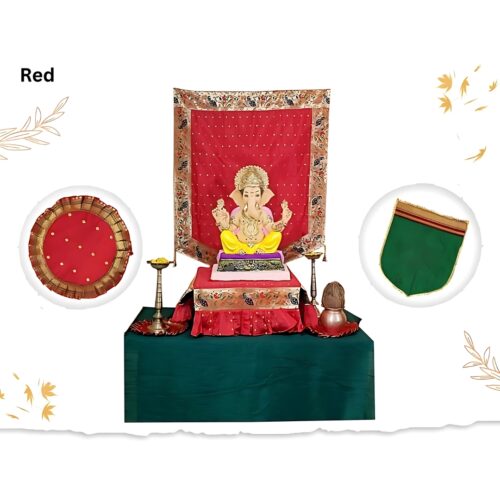 Paithani Side Pattern Temple Decoration Combo Set for Ganesh Chaturthi (Red Theme – 5 Items + Free Samai Asan)