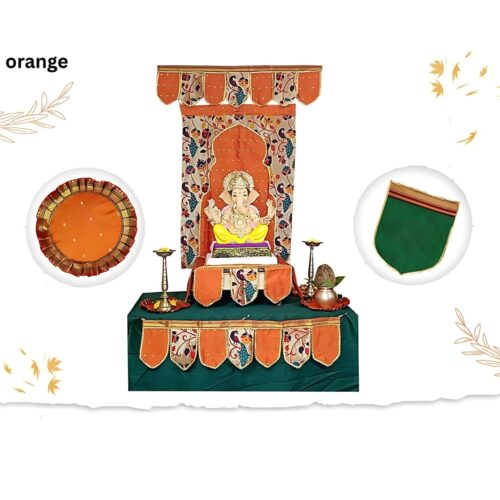 Ganesh Chaturthi Paithani Ganpati Decoration Combo Set – Orange Theme (7 Items + Free Samai Asan)
