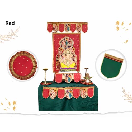 Ganesh Chaturthi Paithani Ganpati Decoration Combo Set – Red Theme (7 Items + Free Samai Asan)