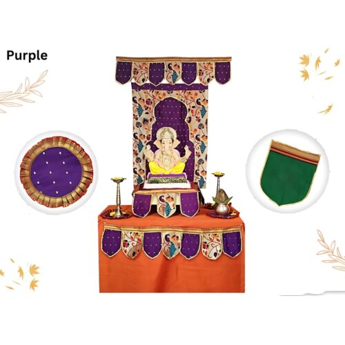 Ganesh Chaturthi Paithani Ganpati Decoration Combo Set – Purple Theme (7 Items + Free Samai Asan)