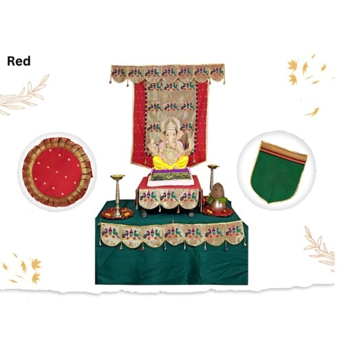 Paithani Parrot-Peacock Ganpati Decoration Combo Set for Ganesh Chaturthi (Red Theme – 7 Items + Free Samai Asan)
