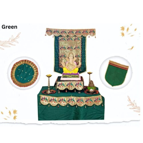 Paithani Parrot-Peacock Ganpati Decoration Combo Set for Ganesh Chaturthi (Green Theme – 7 Items + Free Samai Asan)