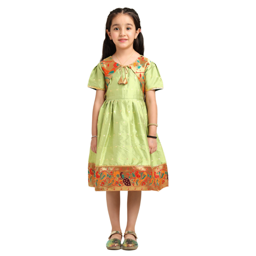 Paithani Baby Girl Frock – Pastel Green Silk with Golden Zari Border & Brocade Yoke