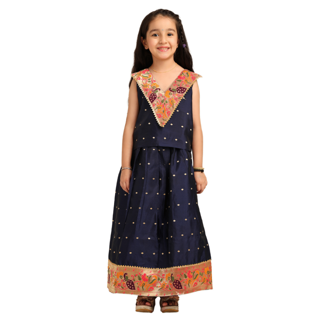 Paithani Baby Girl Lehenga Set – Navy Blue Silk with V-Neck Brocade Blouse & Peacock Zari Border