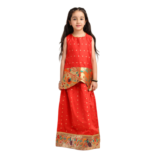 Paithani Baby Girl Lehenga Set – Red Silk with Brocade Peplum Top & Zari Peacock Border - Gita Pattern