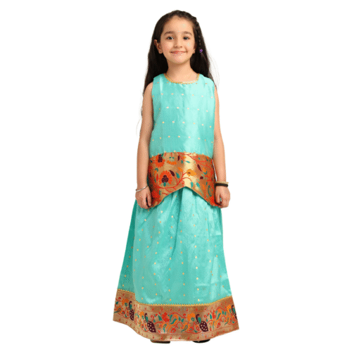 Paithani Baby Girl Lehenga Set – Firozi Silk with Brocade Peplum Top & Peacock Zari Border - Gita Pattern