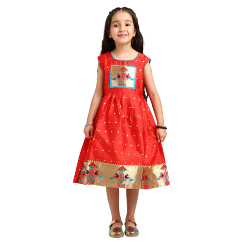 Paithani Baby Girl Frock – Red Silk with Temple Motif Design & Zari Border - Diamond Pattern