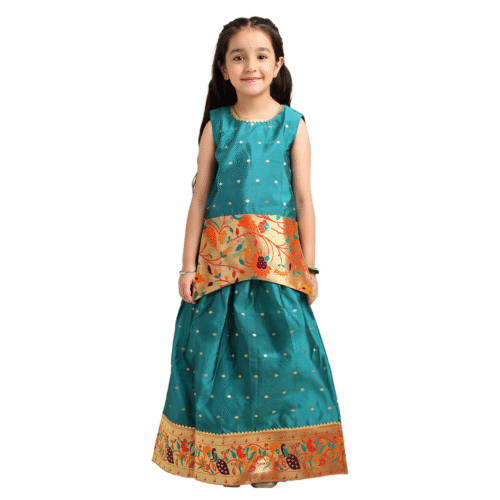 Paithani Baby Girl Lehenga Set – Rama Silk with Brocade Peplum Top & Peacock Zari Border - Gita Pattern