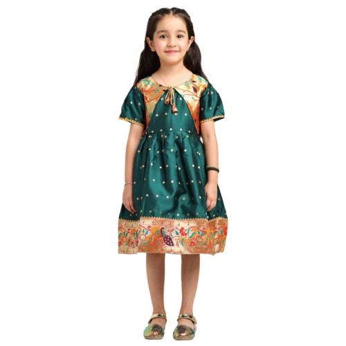 Paithani Baby Girl Frock – Green Silk with Brocade Yoke & Peacock Zari Border - Indu Pattern
