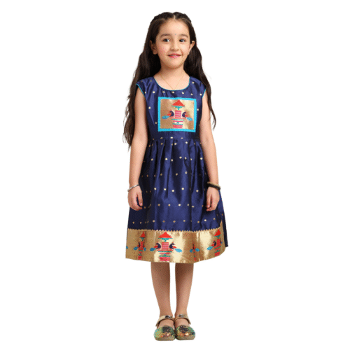 Paithani Baby Girl Frock – Navy Blue Silk with Temple Motif Design & Zari Border - Diamond Pattern