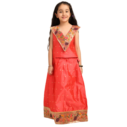Paithani Baby Girl Lehenga Set – Gajari Silk with V-Neck Brocade Blouse & Peacock Zari Border - V Neck Pattern