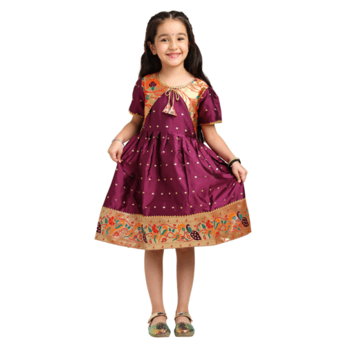 Paithani Baby Girl Frock – Purple Silk with Golden Zari & Peacock Motifs - Indu Pattern