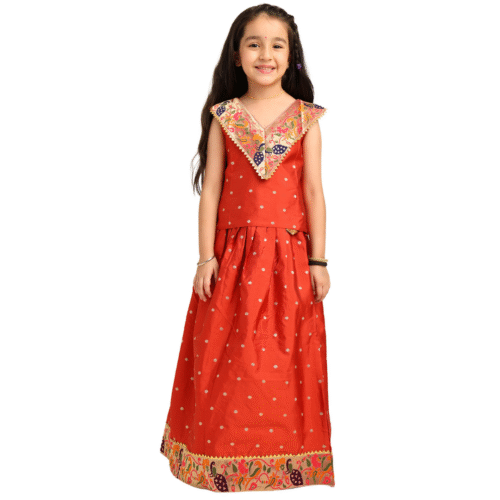 Paithani Baby Girl Lehenga Set – Maroon Silk with V-Neck Brocade Blouse & Peacock Zari Border - V Neck Pattern
