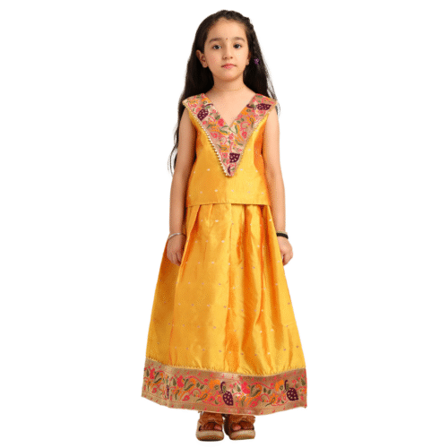 Paithani Baby Girl Lehenga Set – Mango Silk with V-Neck Brocade Blouse & Peacock Zari Border - V Neck Pattern