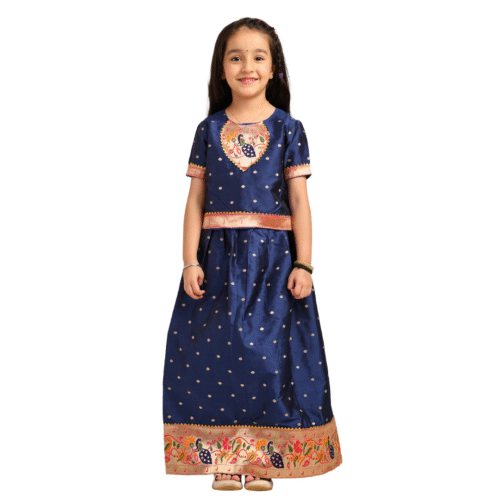 Paithani Baby Girl Lehenga Set – Blue Silk with Embroidered Peacock Yoke & Golden Zari Border - Chiu Pattern