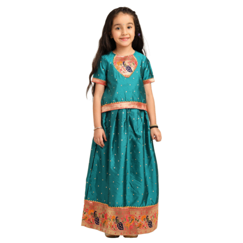 Paithani Baby Girl Lehenga Set – Rama Silk with Embroidered Peacock Blouse & Traditional Zari Border - Chiu Pattern