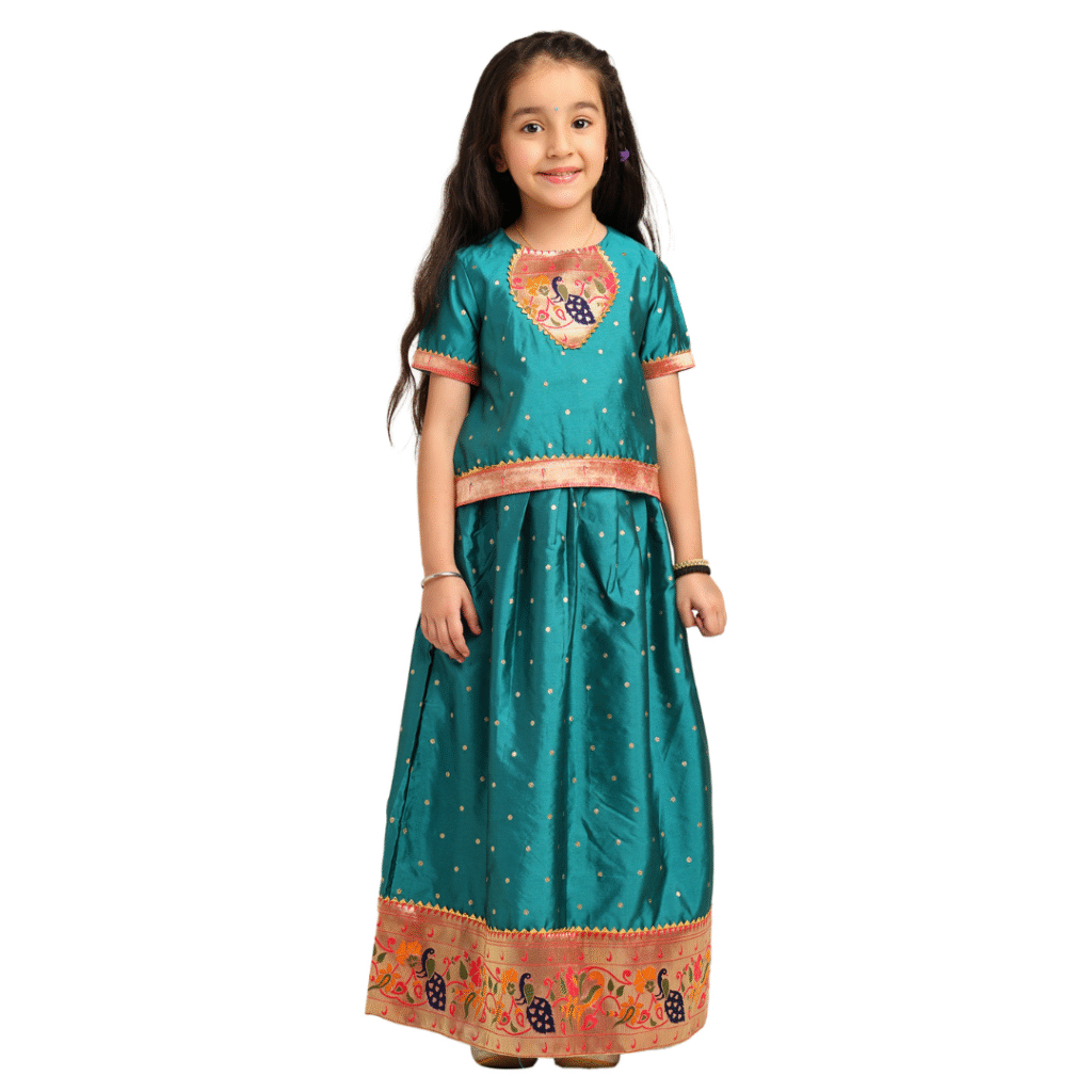 Paithani Baby Girl Lehenga Set – Teal Blue Silk with Embroidered Peacock Blouse & Traditional Zari Border
