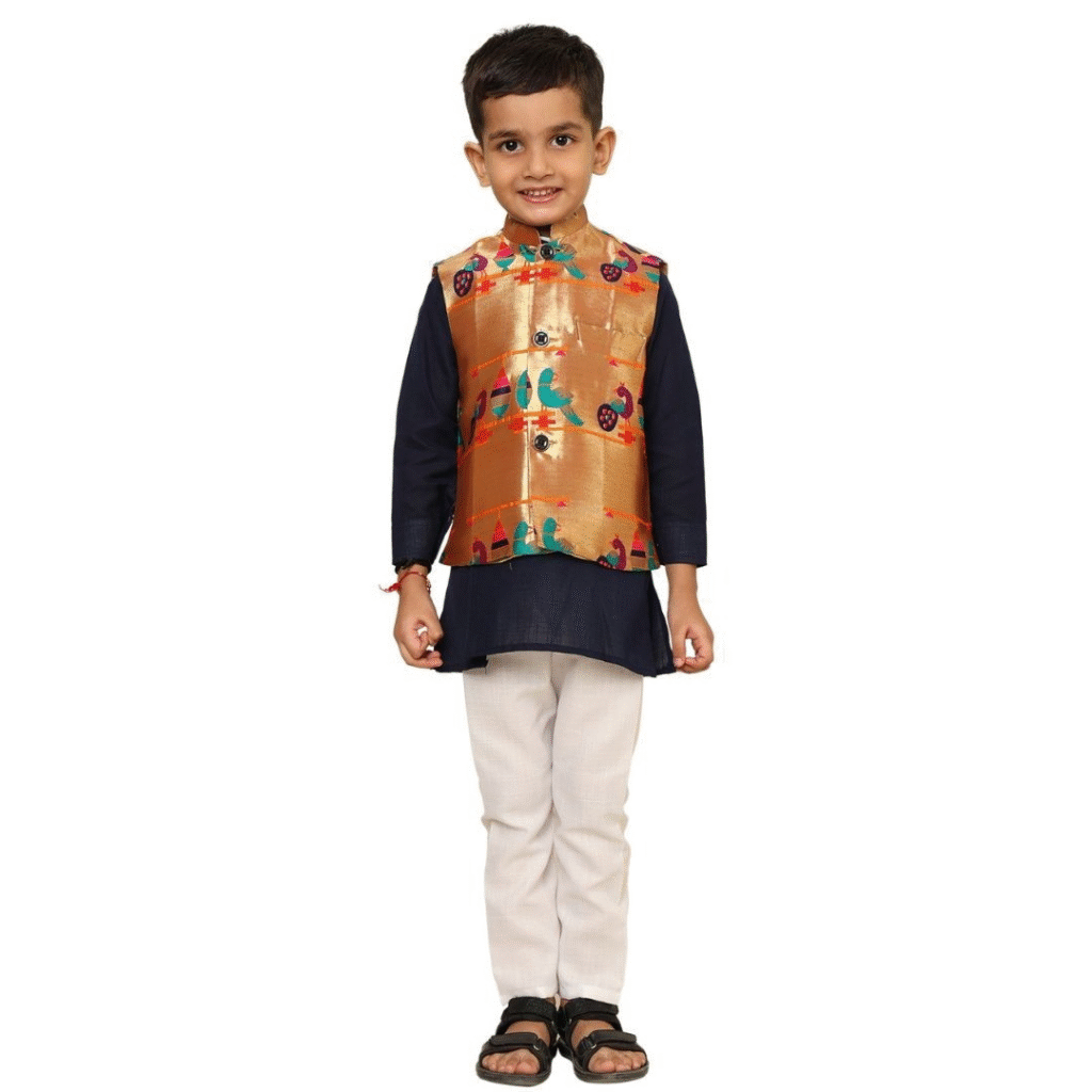 Kanira Jr Paithani Jacket for Boys Parrot Peacock