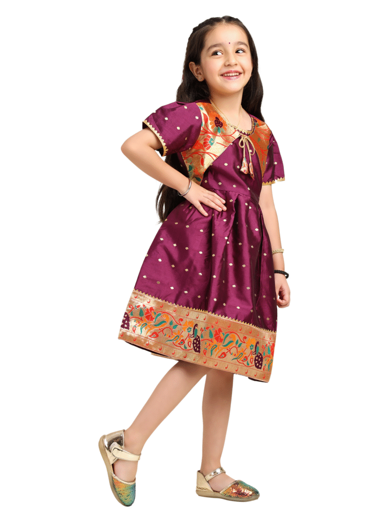 Paithani Baby Girl Frock – Plum Purple Silk with Golden Zari & Peacock Motifs