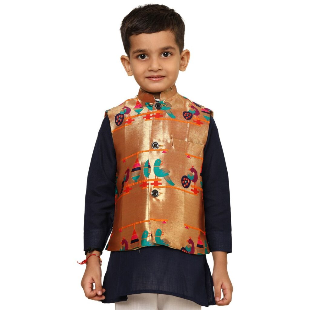Kanira Jr Paithani Jacket for Boys Parrot Peacock