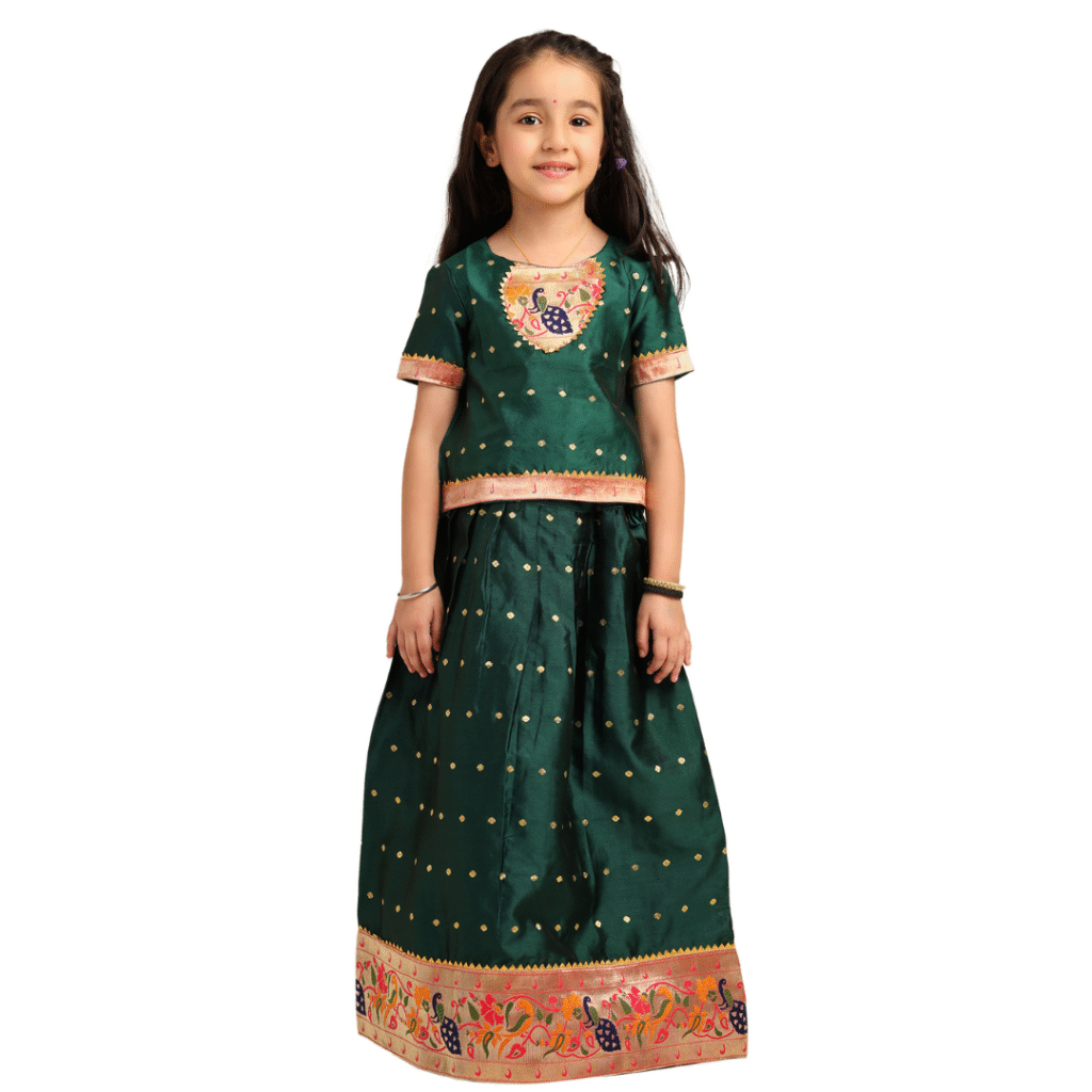 Paithani Baby Girl Lehenga Set – Emerald Green Silk with Peacock Embroidered Blouse & Zari Border Skirt – Chiu Pattern
