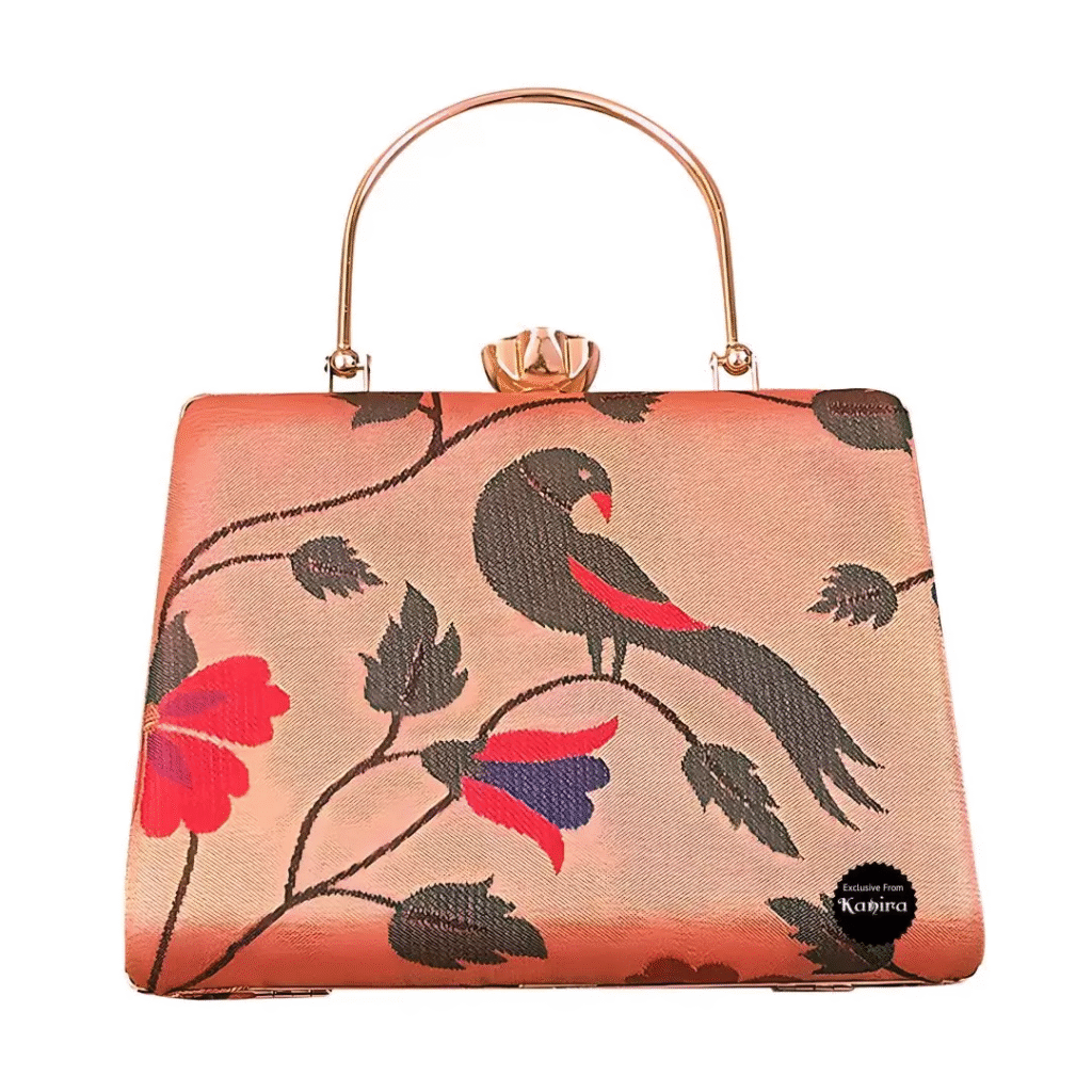 Paithani Clutch with Golden Zari Weaving & Sling Chain