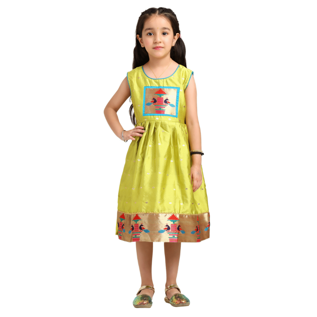 Paithani Baby Girl Frock – Lime Green Silk with Temple Motif & Zari Border – Diamond Pattern

