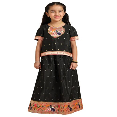 Paithani Baby Girl Lehenga Set – Black Silk with Peacock Embroidered Blouse & Zari Border Skirt - Chiu Pattern